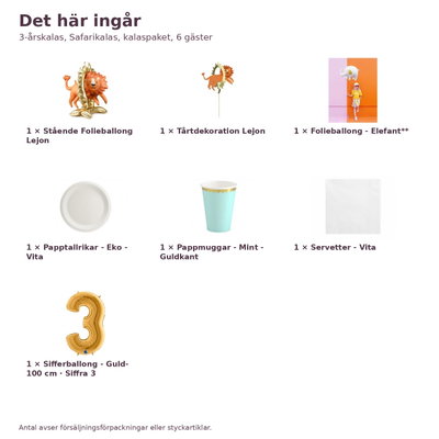 3-årskalas, Safarikalas, kalaspaket, 6 gäster – innehåll och antal, sifferballong 100 cm
