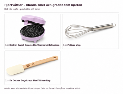 Innehåll och antal: Hjärtvåfflor – blanda smet och grädda fem hjärtan