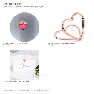 Dop – serveringsbord med tårtbricka och egna skyltar – exakt innehåll och antal förpackningar