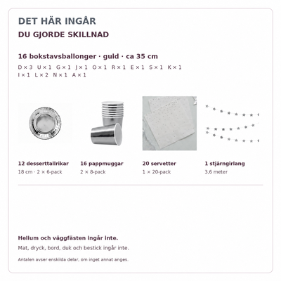 Innehåll och exakta antal – DU GJORDE SKILLNAD, 35 cm bokstäver och dukning för 12