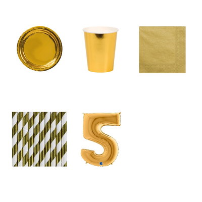 5-årskalas, Guld, kalaspaket, 8 gäster – paketets produkter med sifferballong 100 cm