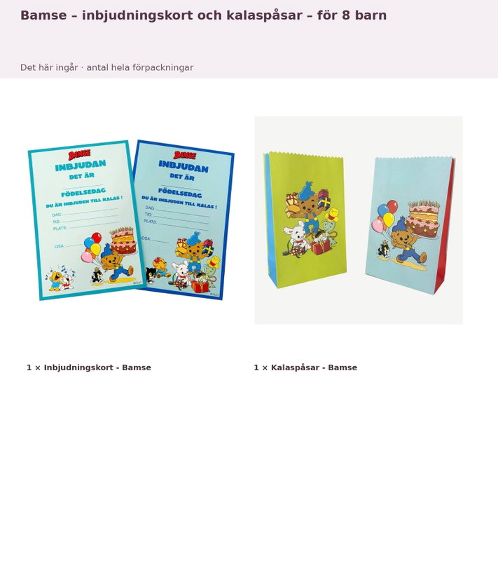 Bamse – inbjudningskort och kalaspåsar – för 8 barn – innehåll och antal