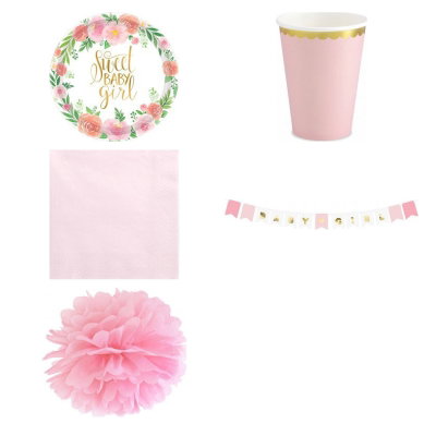 Babyshower flicka – floral och rosa – fikapaket, 6 gäster – produktöversikt