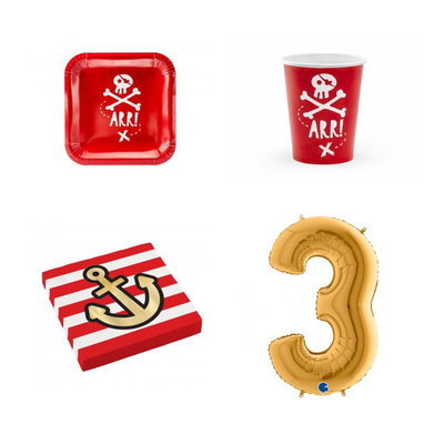 3-årskalas, Piratkalas, kalaspaket, 6 gäster – paketets produkter med sifferballong 100 cm