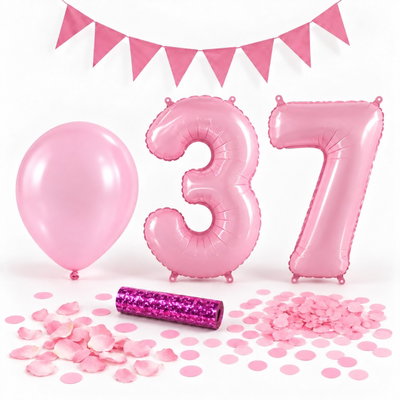 37-års festpaket, Rosa, Stor – paketets dekorationer på vit bakgrund