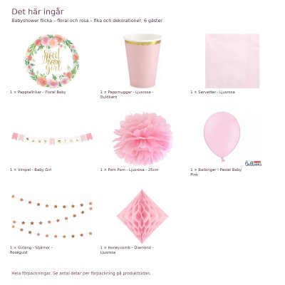Babyshower flicka – floral och rosa – fika och dekorationer, 6 gäster – innehåll och antal förpackningar