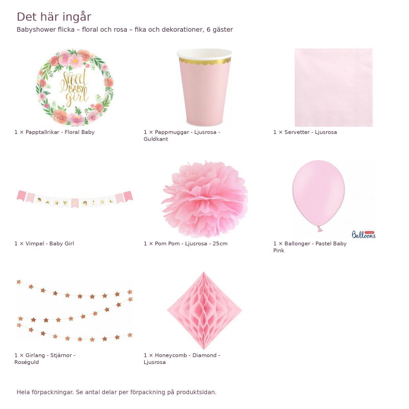 Babyshower flicka – floral och rosa – fika och dekorationer, 6 gäster – innehåll och antal förpackningar