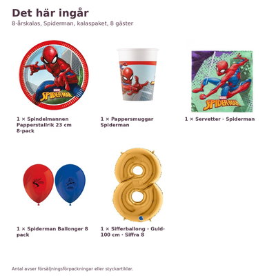 8-årskalas, Spiderman, kalaspaket, 8 gäster – innehåll och antal, sifferballong 100 cm