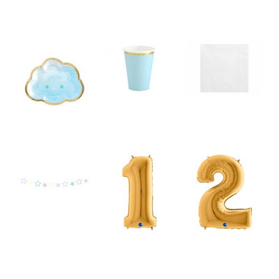 12-årskalas, Pyjamasparty – moln och stjärnor, kalaspaket, 6 gäster – paketets produkter med sifferballong 100 cm