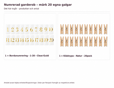 Innehåll och antal: Numrerad garderob – märk 20 egna galgar
