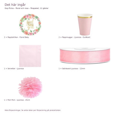 Dop flicka – floral och rosa – fikapaket, 12 gäster – innehåll och antal förpackningar