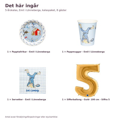 5-årskalas, Emil i Lönneberga, kalaspaket, 8 gäster – innehåll och antal, sifferballong 100 cm