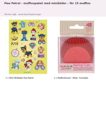 Paw Patrol – muffinspaket med minibilder – för 15 muffins – innehåll och antal