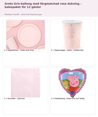 Greta Gris-ballong med färgmatchad rosa dukning – kalaspaket för 12 gäster – innehåll och antal