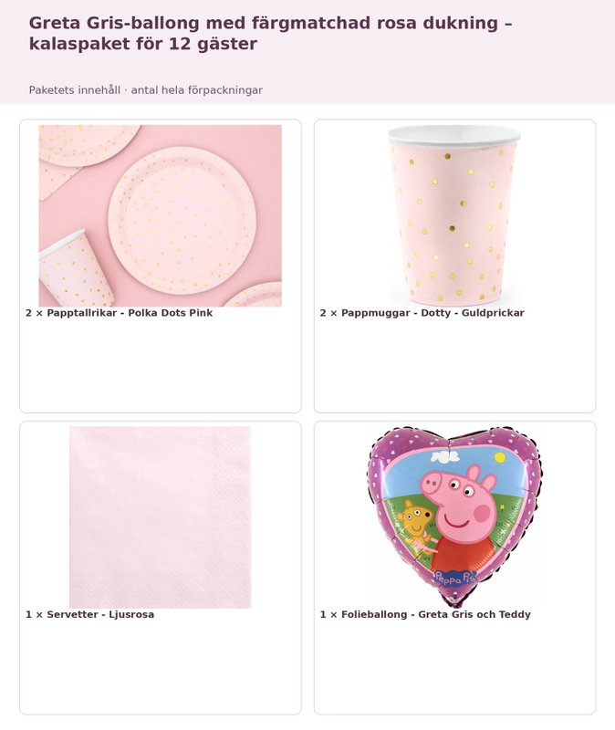 Greta Gris-ballong med färgmatchad rosa dukning – kalaspaket för 12 gäster – innehåll och antal