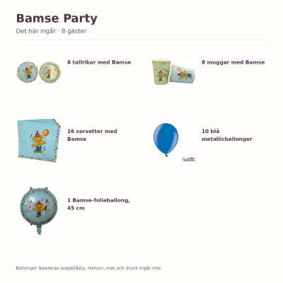 Bamse Party – kalaspaket Bas för 8 gäster – innehåll och antal