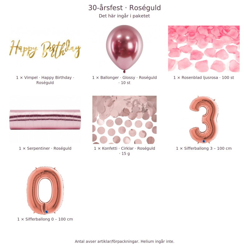 30-års festpaket, Roséguld, Stor – innehåll och antal förpackningar