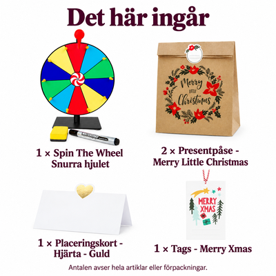 Det här ingår i Hemlig julklappsutdelning – sex påsar och ett eget snurrhjul