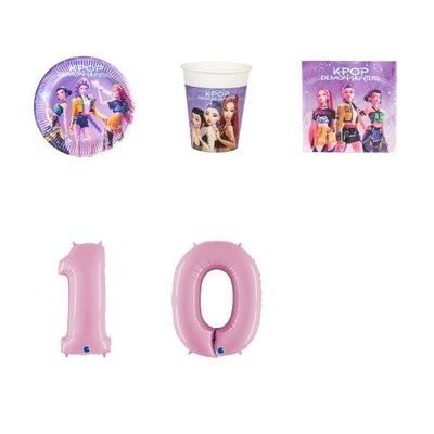10-årskalas, K-pop, kalaspaket, 8 gäster – paketets produkter med sifferballong 100 cm