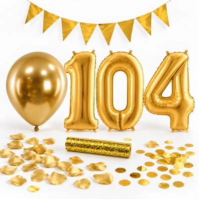 104-års festpaket, Guld, Stor – paketets dekorationer på vit bakgrund