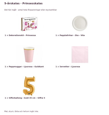 5-årskalas, Prinsesskalas, kalaspaket, 6 gäster – innehåll och antal förpackningar