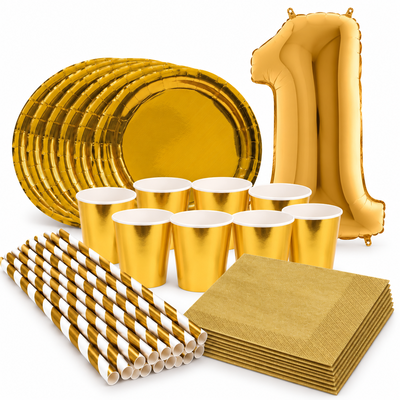 1-årskalas, Guld, kalaspaket, 8 gäster – samlat paketinnehåll