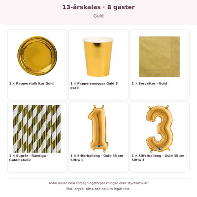 13-årskalas, Guld, kalaspaket, 8 gäster – innehåll och antal förpackningar
