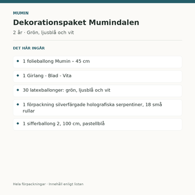 Mumin 2 år – dekorationspaket Mumindalen – innehåll och antal