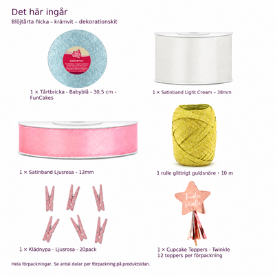 Paketets innehåll med babyblå tårtbricka 30,5 cm