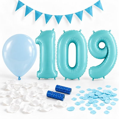 109-års festpaket, Blått, Stor – paketets dekorationer på vit bakgrund