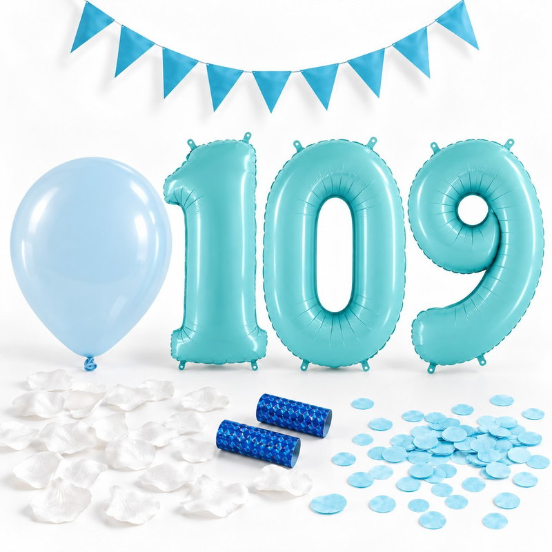 109-års festpaket, Blått, Stor – paketets dekorationer på vit bakgrund
