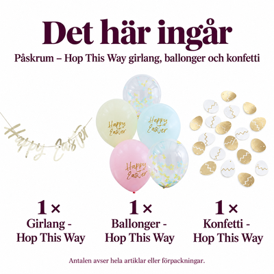 Påskrum – Hop This Way girlang, ballonger och konfetti – innehåll och antal