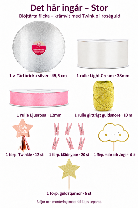 Det här ingår – Blöjtårta flicka – krämvit med Twinkle i roséguld – dekorationskit – Stor inklusive en 10-metersrulle glittrigt guldsnöre