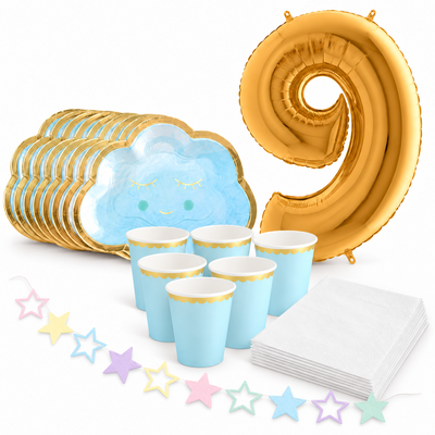 9-årskalas, Pyjamasparty – moln och stjärnor, kalaspaket, 6 gäster – samlat paketinnehåll