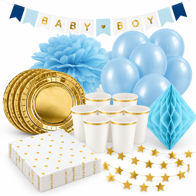 Babyshower pojke – guld och blått – fika och dekorationer, 6 gäster – samlat paketinnehåll