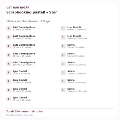 Det här ingår – Satinbandspaket – Scrapbooking pastell – Stor – 18 rullar