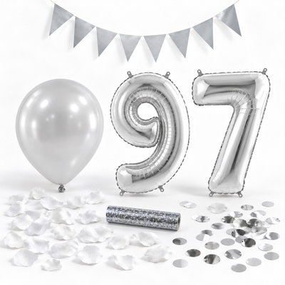 97-års festpaket, Silver, Stor – paketets dekorationer på vit bakgrund