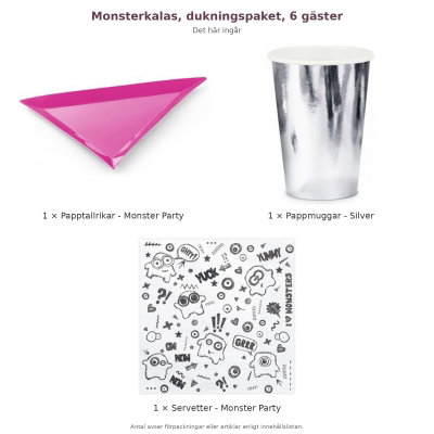 Monsterkalas, dukningspaket, 6 gäster – innehåll och antal förpackningar