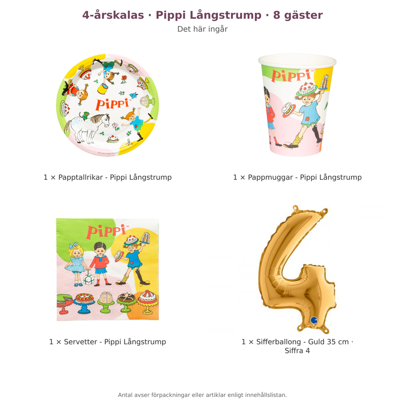 4-årskalas, Pippi Långstrump, kalaspaket, 8 gäster – innehåll och antal förpackningar