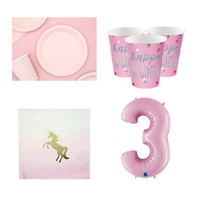 3-årskalas, Enhörningskalas, kalaspaket, 8 gäster – paketets produkter med sifferballong 100 cm