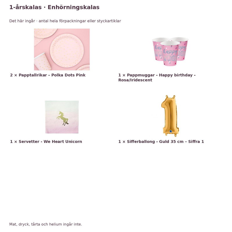 1-årskalas, Enhörningskalas, kalaspaket, 8 gäster – innehåll och antal förpackningar