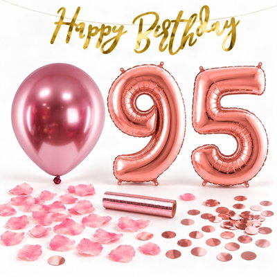 95-års festpaket, Roséguld, Stor – paketets dekorationer på vit bakgrund