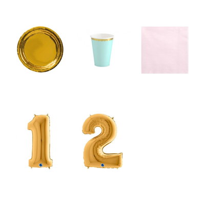 12-årskalas, Mint, rosa och guld, kalaspaket, 6 gäster – paketets produkter med sifferballong 100 cm