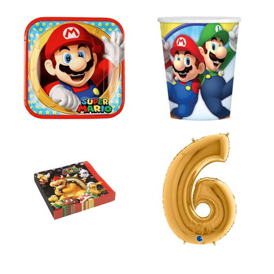 6-årskalas, Super Mario, kalaspaket, 8 gäster – paketets produkter med sifferballong 100 cm