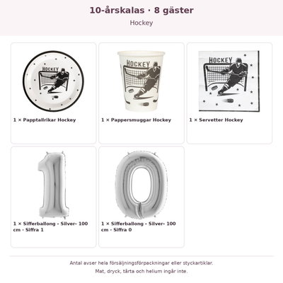10-årskalas, Hockey, kalaspaket, 8 gäster – innehåll och antal förpackningar