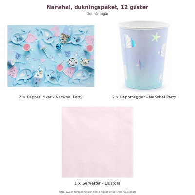 Narwhal, dukningspaket, 12 gäster – innehåll och antal förpackningar