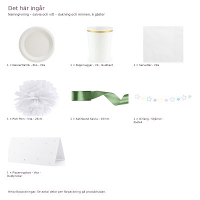 Namngivning – salvia och vitt – dukning och minnen, 6 gäster – innehåll och antal förpackningar