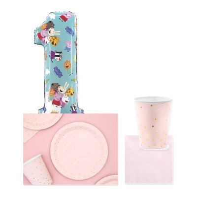 Greta Gris – 1-årskalas – rosa dukning och ballong, 6 gäster