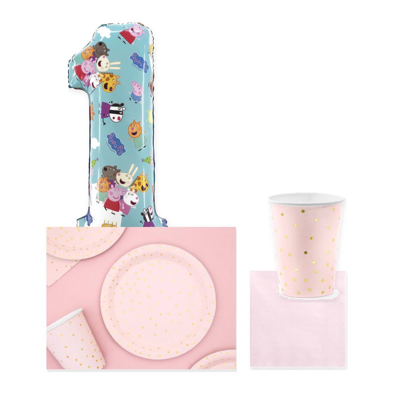 Greta Gris – 1-årskalas – rosa dukning och ballong, 6 gäster