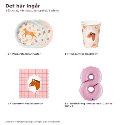 8-årskalas, Hästkalas, kalaspaket, 6 gäster – innehåll och antal, sifferballong 100 cm